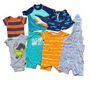 Baby Boy 6-9M Summer Lot 7pc Carters Gerber Cat & Jack Rompers Shark Swim Onsies